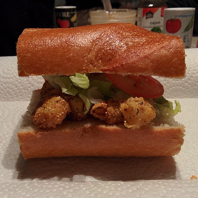 Shrimp Po Boy made by Rusty of Rusty's BBQ in a trailer at 10:30pm behind a barn in Chilliwack. It was delicious!