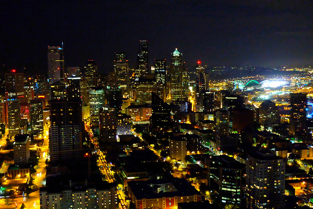 Downtown Seattle, the was a Mariners game going on hence the SUPER bright lights to the right